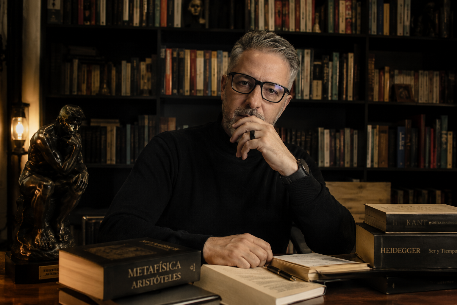 El Dr. Maximiliano Loria en su biblioteca, junto a El Pensador de Rodin y sus libros de Aristóteles, Kant y Heidegger