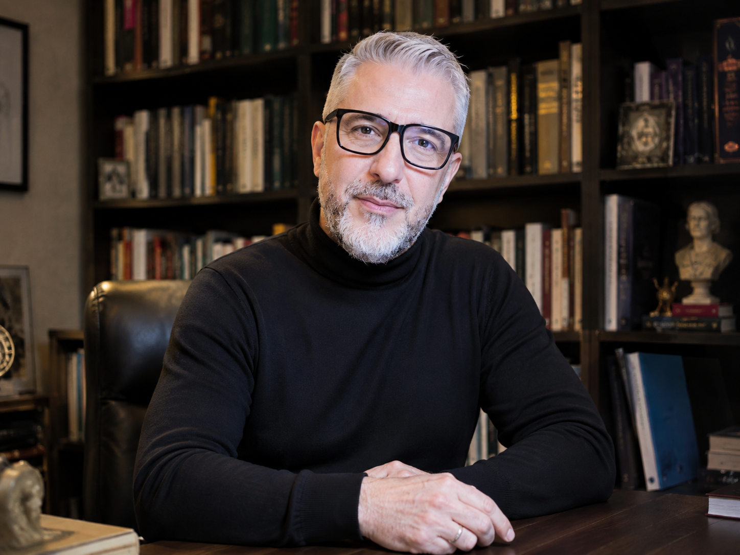 Retrato del Dr. Maximiliano Loria en su biblioteca, junto a su escritorio y un busto clásico